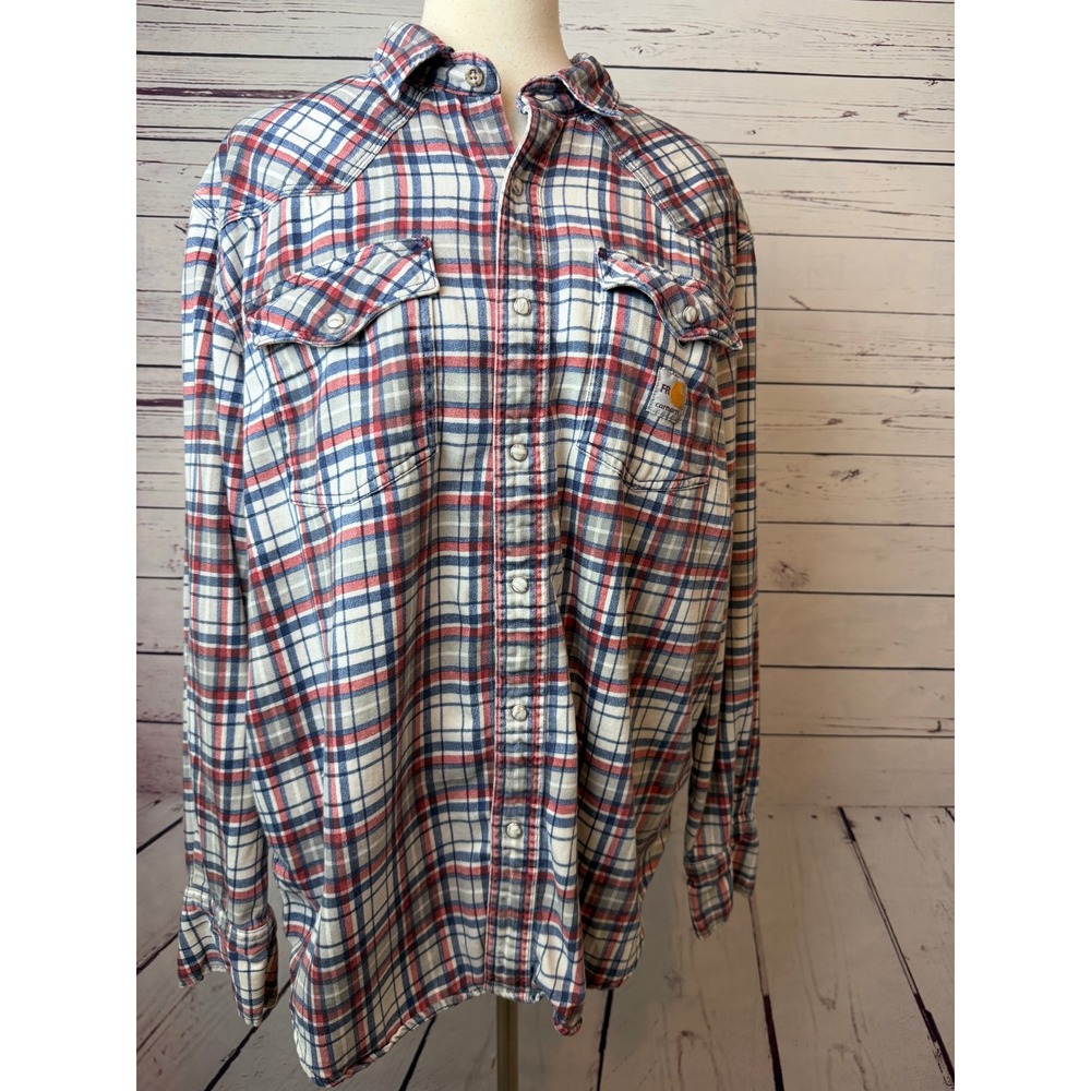 Carhartt FR Shirt Large Plaid Pearl Snap Western Workwear Mens 102015 412 CAT 2